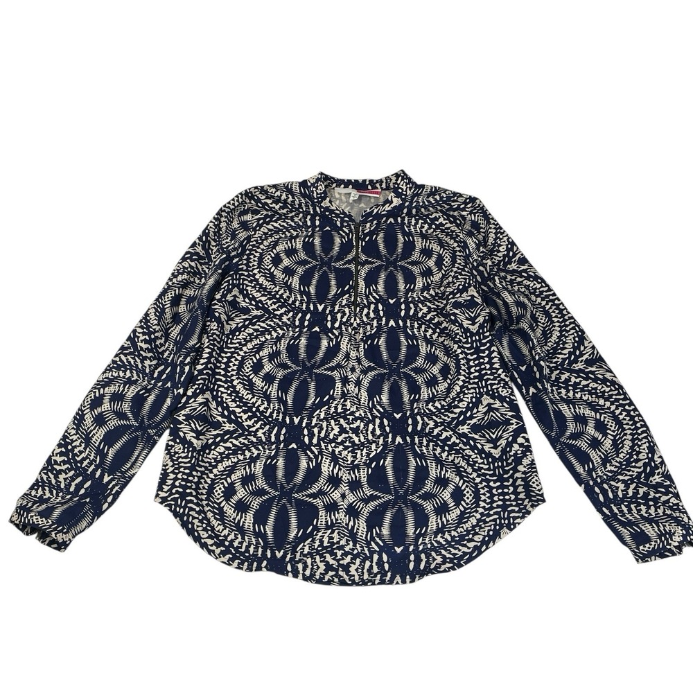 Tracy Reese Silk Blouse 6 Navy Cream Abstract Print Long Sleeve Boho